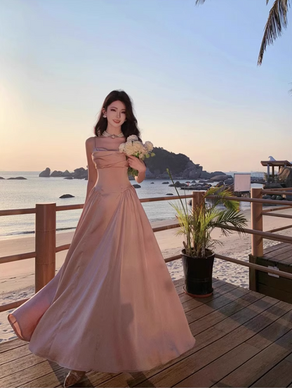 Luxurious Satin Pink Sheen Fabric Maxi Dress Charming Ruched Neckline Spaghetti Strap Cinched-Waist Long Dress AP1563