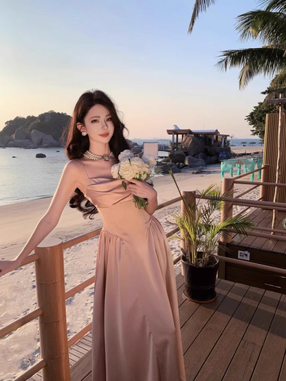 Luxurious Satin Pink Sheen Fabric Maxi Dress Charming Ruched Neckline Spaghetti Strap Cinched-Waist Long Dress AP1563