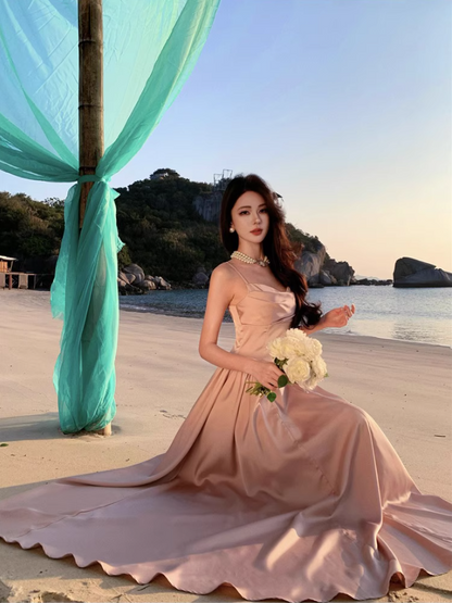 Luxurious Satin Pink Sheen Fabric Maxi Dress Charming Ruched Neckline Spaghetti Strap Cinched-Waist Long Dress AP1563