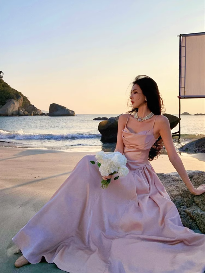 Luxurious Satin Pink Sheen Fabric Maxi Dress Charming Ruched Neckline Spaghetti Strap Cinched-Waist Long Dress AP1563