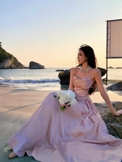 Luxurious Satin Pink Sheen Fabric Maxi Dress Charming Ruched Neckline Spaghetti Strap Cinched-Waist Long Dress AP1563