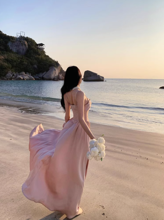 Luxurious Satin Pink Sheen Fabric Maxi Dress Charming Ruched Neckline Spaghetti Strap Cinched-Waist Long Dress AP1563