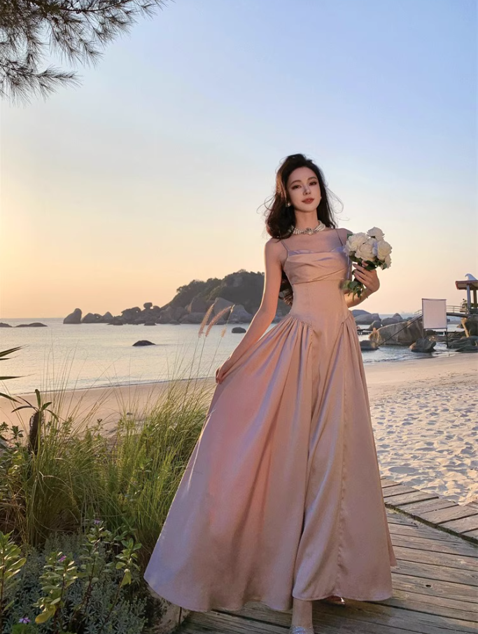 Luxurious Satin Pink Sheen Fabric Maxi Dress Charming Ruched Neckline Spaghetti Strap Cinched-Waist Long Dress AP1563