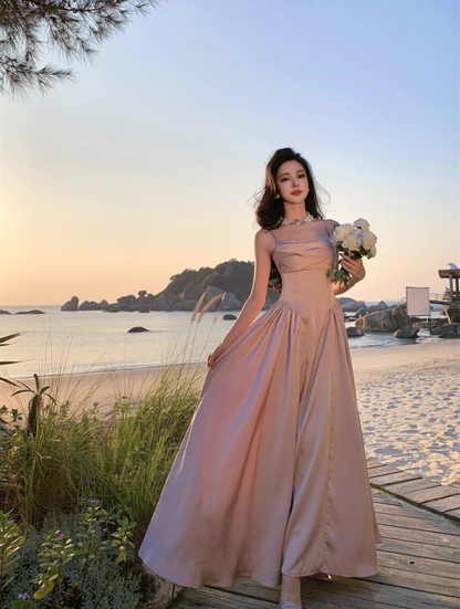 Luxurious Satin Pink Sheen Fabric Maxi Dress Charming Ruched Neckline Spaghetti Strap Cinched-Waist Long Dress AP1563