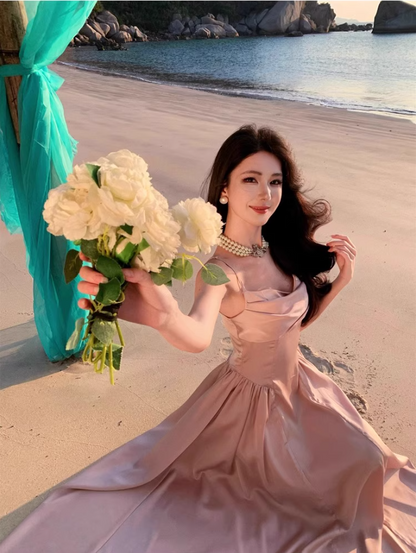 Luxurious Satin Pink Sheen Fabric Maxi Dress Charming Ruched Neckline Spaghetti Strap Cinched-Waist Long Dress AP1563