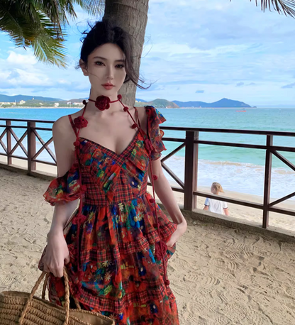 Boho-Inspired Floral Print Stylish Shoreside Shoots Maxi Dress Vibrant Spaghetti Strap Tiered Ruffles Hem Long Dress AP1564