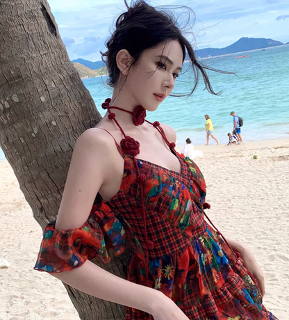 Boho-Inspired Floral Print Stylish Shoreside Shoots Maxi Dress Vibrant Spaghetti Strap Tiered Ruffles Hem Long Dress AP1564