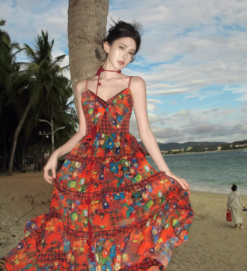 Boho-Inspired Floral Print Stylish Shoreside Shoots Maxi Dress Vibrant Spaghetti Strap Tiered Ruffles Hem Long Dress AP1564