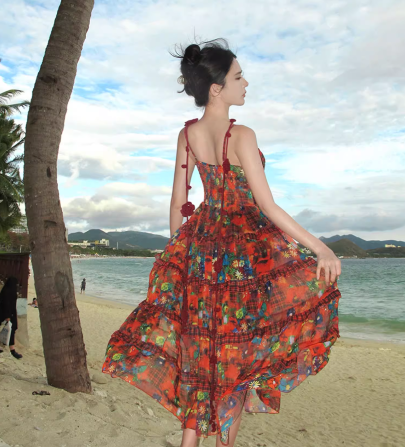 Boho-Inspired Floral Print Stylish Shoreside Shoots Maxi Dress Vibrant Spaghetti Strap Tiered Ruffles Hem Long Dress AP1564