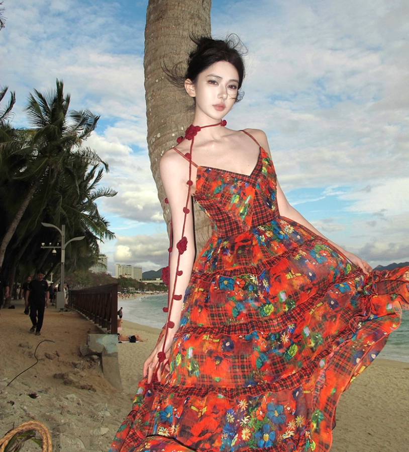 Boho-Inspired Floral Print Stylish Shoreside Shoots Maxi Dress Vibrant Spaghetti Strap Tiered Ruffles Hem Long Dress AP1564