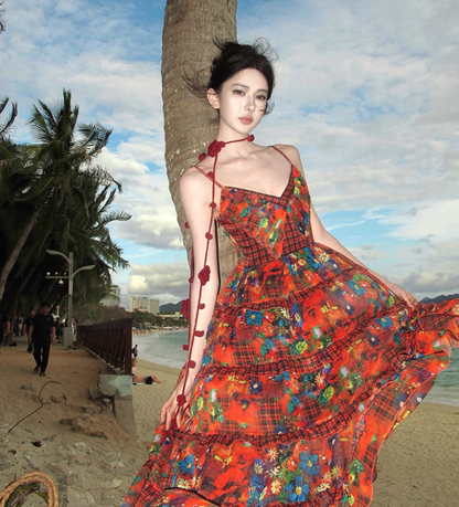 Boho-Inspired Floral Print Stylish Shoreside Shoots Maxi Dress Vibrant Spaghetti Strap Tiered Ruffles Hem Long Dress AP1564