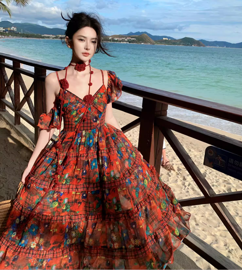 Boho-Inspired Floral Print Stylish Shoreside Shoots Maxi Dress Vibrant Spaghetti Strap Tiered Ruffles Hem Long Dress AP1564