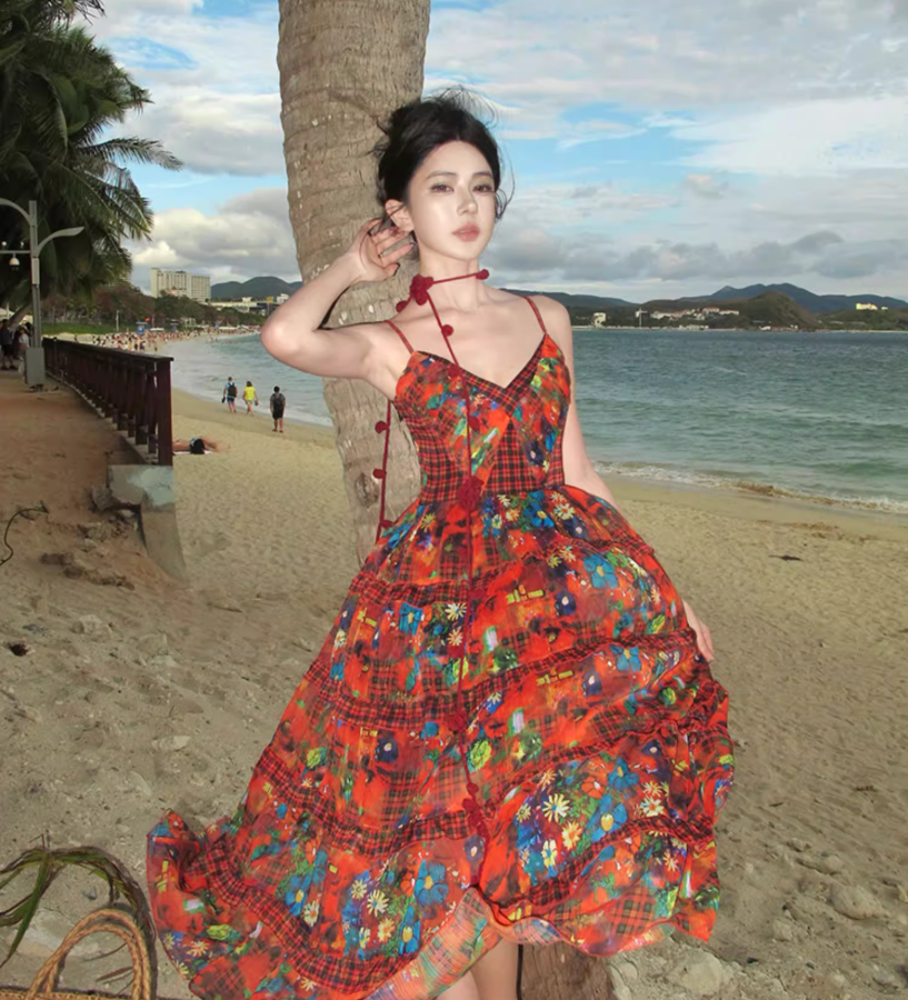 Boho-Inspired Floral Print Stylish Shoreside Shoots Maxi Dress Vibrant Spaghetti Strap Tiered Ruffles Hem Long Dress AP1564
