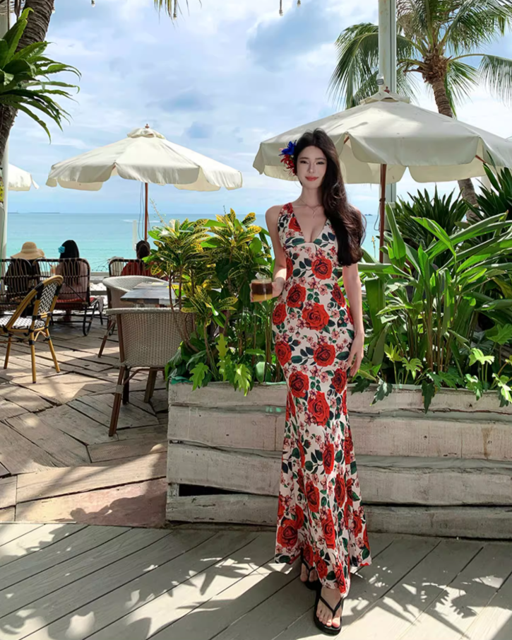 Vintage Rose Print Stylish Shoreside Shoots Maxi Dress Chic Sheath Spaghetti Strap Mermaid Tie-Back Long Dress AP1565