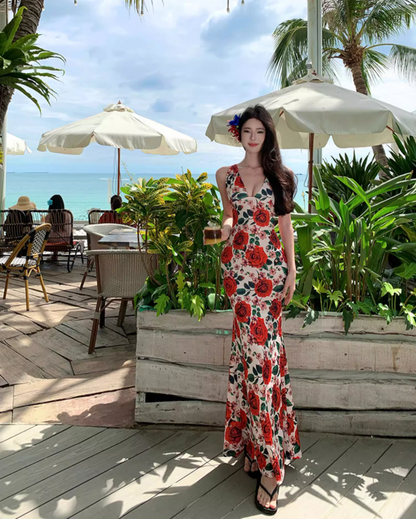 Vintage Rose Print Stylish Shoreside Shoots Maxi Dress Chic Sheath Spaghetti Strap Mermaid Tie-Back Long Dress AP1565