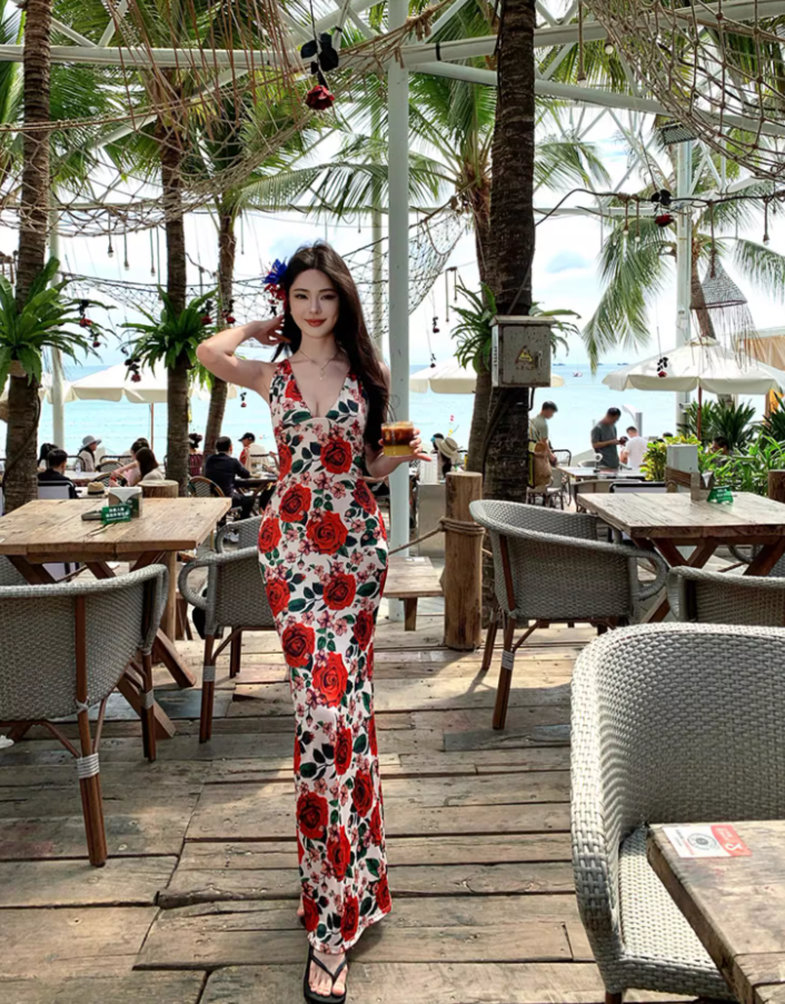 Vintage Rose Print Stylish Shoreside Shoots Maxi Dress Chic Sheath Spaghetti Strap Mermaid Tie-Back Long Dress AP1565