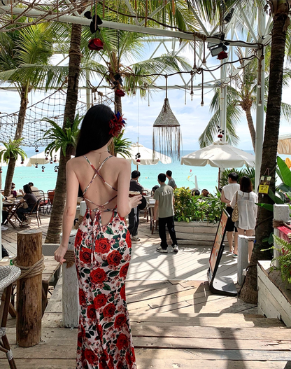Vintage Rose Print Stylish Shoreside Shoots Maxi Dress Chic Sheath Spaghetti Strap Mermaid Tie-Back Long Dress AP1565