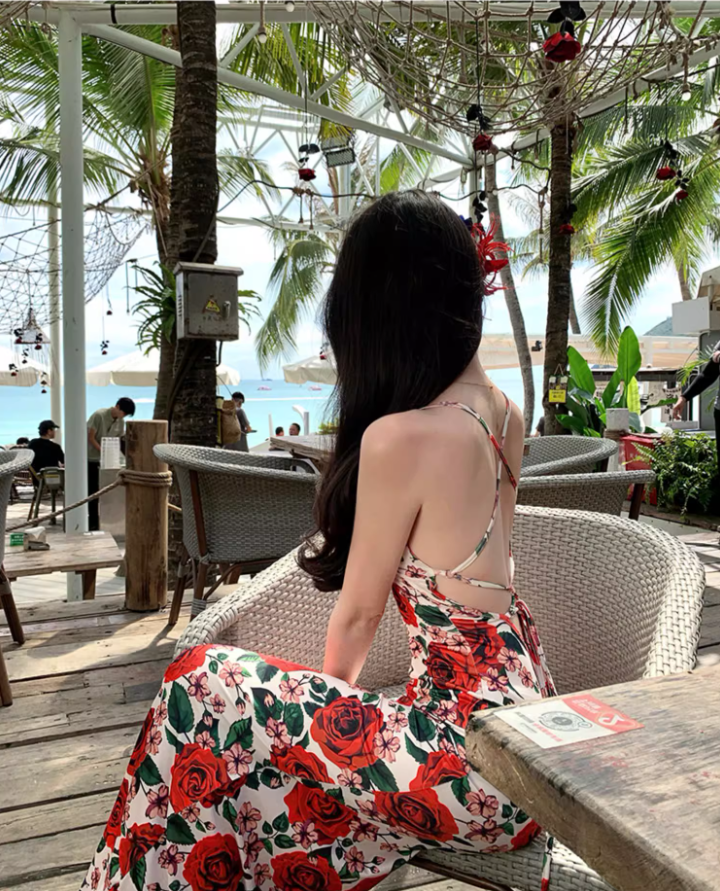 Vintage Rose Print Stylish Shoreside Shoots Maxi Dress Chic Sheath Spaghetti Strap Mermaid Tie-Back Long Dress AP1565
