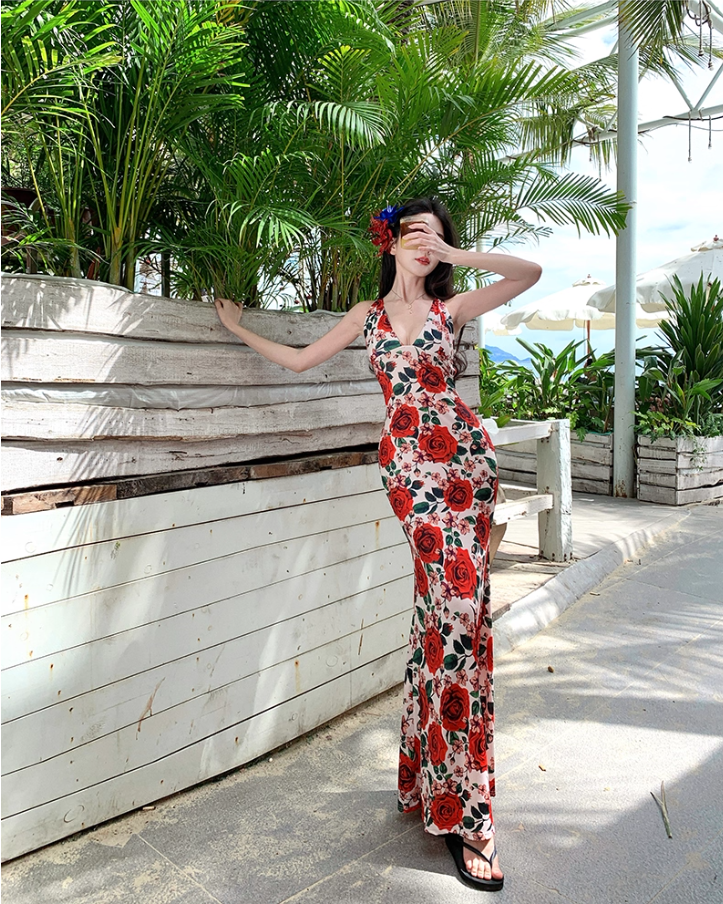 Vintage Rose Print Stylish Shoreside Shoots Maxi Dress Chic Sheath Spaghetti Strap Mermaid Tie-Back Long Dress AP1565