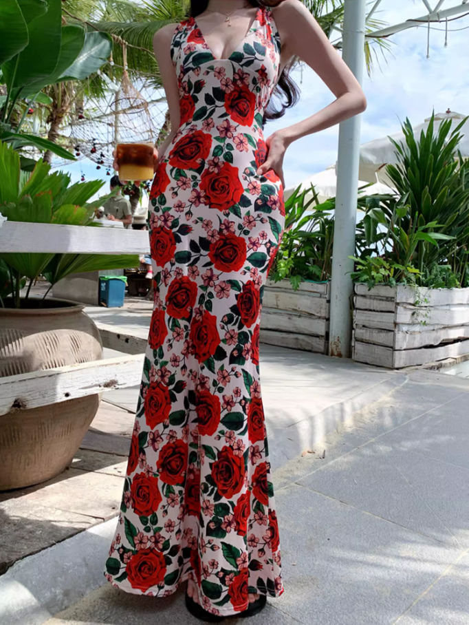 Vintage Rose Print Stylish Shoreside Shoots Maxi Dress Chic Sheath Spaghetti Strap Mermaid Tie-Back Long Dress AP1565