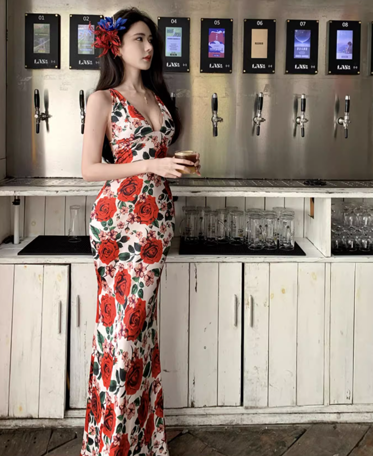 Vintage Rose Print Stylish Shoreside Shoots Maxi Dress Chic Sheath Spaghetti Strap Mermaid Tie-Back Long Dress AP1565