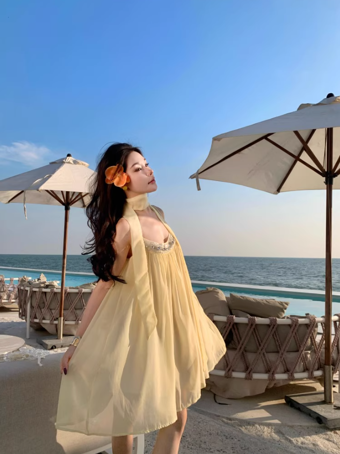 Classical Bow-Back Tie Yellow Mini Skirt Cute Beaded Neckline Coastal Trips Short Dress AP1566