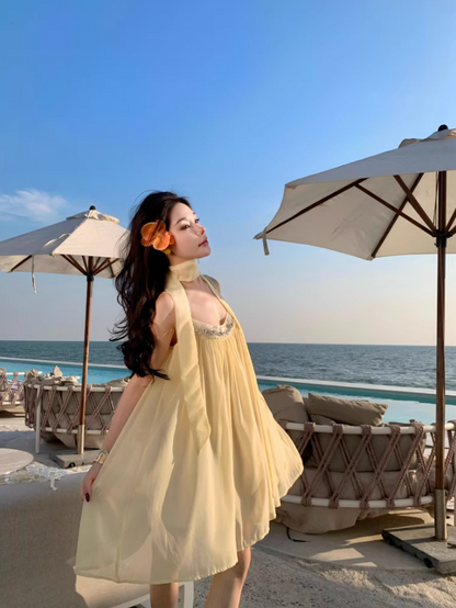 Classical Bow-Back Tie Yellow Mini Skirt Cute Beaded Neckline Coastal Trips Short Dress AP1566