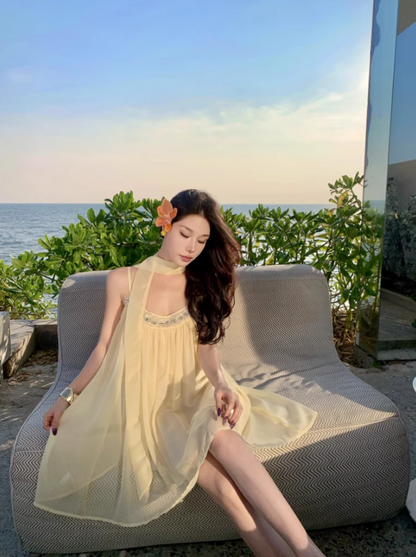 Classical Bow-Back Tie Yellow Mini Skirt Cute Beaded Neckline Coastal Trips Short Dress AP1566