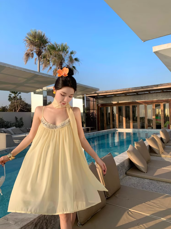 Classical Bow-Back Tie Yellow Mini Skirt Cute Beaded Neckline Coastal Trips Short Dress AP1566