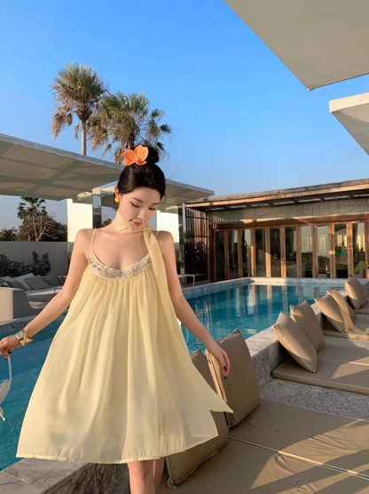 Classical Bow-Back Tie Yellow Mini Skirt Cute Beaded Neckline Coastal Trips Short Dress AP1566