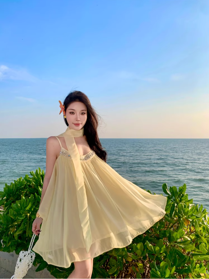 Classical Bow-Back Tie Yellow Mini Skirt Cute Beaded Neckline Coastal Trips Short Dress AP1566