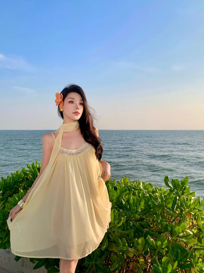 Classical Bow-Back Tie Yellow Mini Skirt Cute Beaded Neckline Coastal Trips Short Dress AP1566