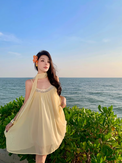 Classical Bow-Back Tie Yellow Mini Skirt Cute Beaded Neckline Coastal Trips Short Dress AP1566