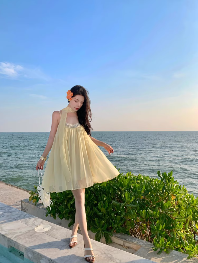 Classical Bow-Back Tie Yellow Mini Skirt Cute Beaded Neckline Coastal Trips Short Dress AP1566