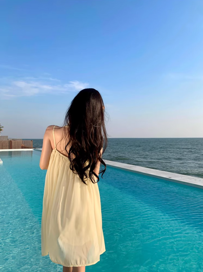 Classical Bow-Back Tie Yellow Mini Skirt Cute Beaded Neckline Coastal Trips Short Dress AP1566