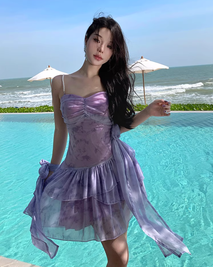 Dreamy Tiered Ruffles Hem Purple Mini Skirt Chic Flexible Mesh Overlay Coastal Trips Short Dress AP1567