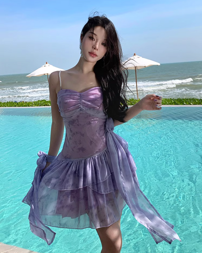 Dreamy Tiered Ruffles Hem Purple Mini Skirt Chic Flexible Mesh Overlay Coastal Trips Short Dress AP1567