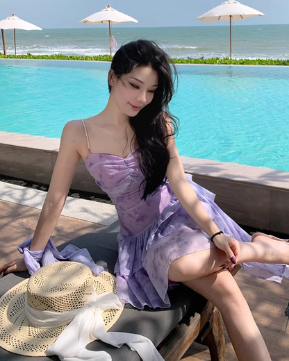 Dreamy Tiered Ruffles Hem Purple Mini Skirt Chic Flexible Mesh Overlay Coastal Trips Short Dress AP1567