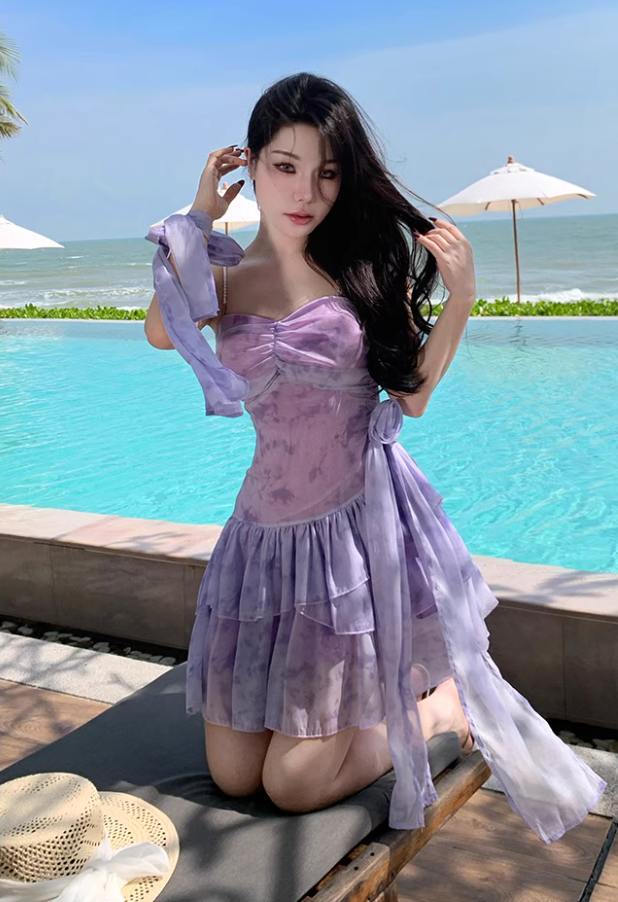 Dreamy Tiered Ruffles Hem Purple Mini Skirt Chic Flexible Mesh Overlay Coastal Trips Short Dress AP1567
