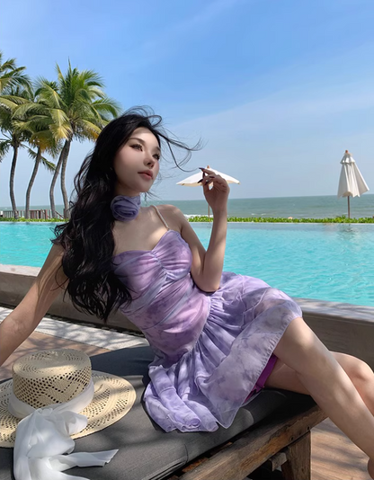 Dreamy Tiered Ruffles Hem Purple Mini Skirt Chic Flexible Mesh Overlay Coastal Trips Short Dress AP1567