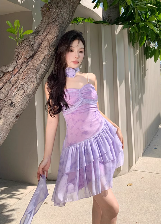 Dreamy Tiered Ruffles Hem Purple Mini Skirt Chic Flexible Mesh Overlay Coastal Trips Short Dress AP1567