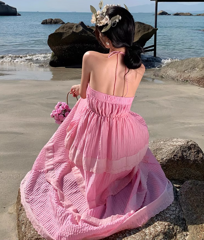 Dreamy Pink Tiered Lace Trim Maxi Dress Vogue Cinched-Waist Flowy Double Layers Halter Long Dress AP1568