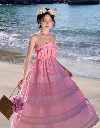 Dreamy Pink Tiered Lace Trim Maxi Dress Vogue Cinched-Waist Flowy Double Layers Halter Long Dress AP1568