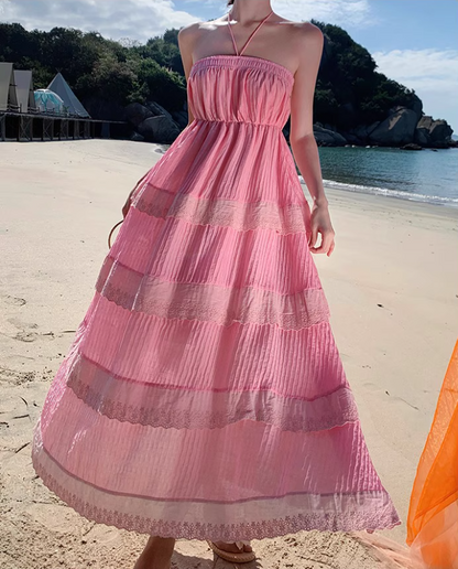 Dreamy Pink Tiered Lace Trim Maxi Dress Vogue Cinched-Waist Flowy Double Layers Halter Long Dress AP1568