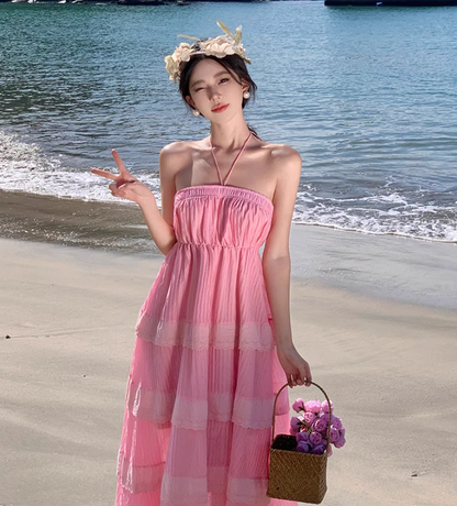 Dreamy Pink Tiered Lace Trim Maxi Dress Vogue Cinched-Waist Flowy Double Layers Halter Long Dress AP1568