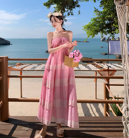 Dreamy Pink Tiered Lace Trim Maxi Dress Vogue Cinched-Waist Flowy Double Layers Halter Long Dress AP1568