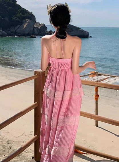 Dreamy Pink Tiered Lace Trim Maxi Dress Vogue Cinched-Waist Flowy Double Layers Halter Long Dress AP1568