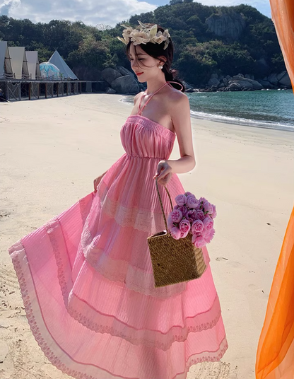 Dreamy Pink Tiered Lace Trim Maxi Dress Vogue Cinched-Waist Flowy Double Layers Halter Long Dress AP1568