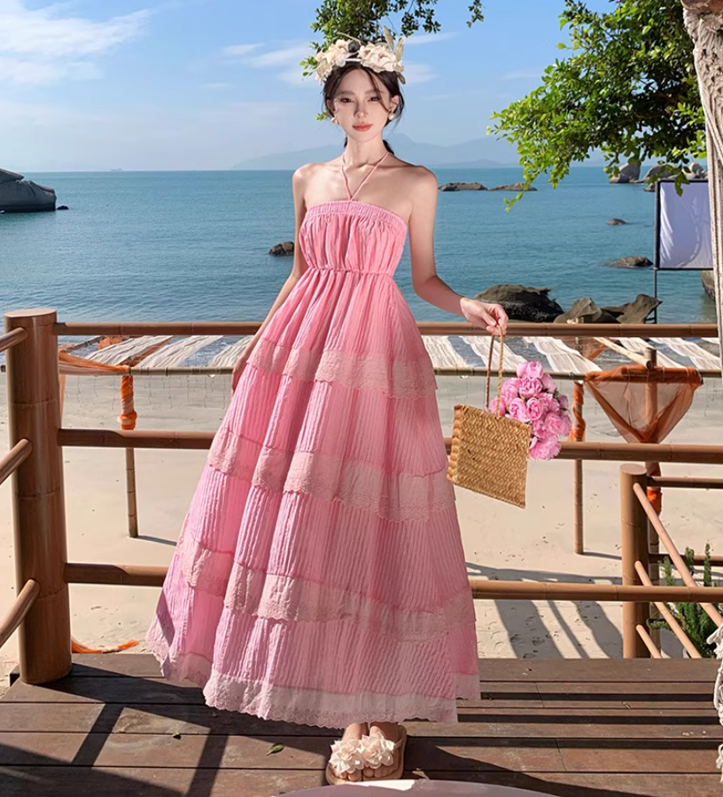 Dreamy Pink Tiered Lace Trim Maxi Dress Vogue Cinched-Waist Flowy Double Layers Halter Long Dress AP1568