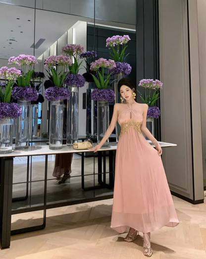 Charming Gold Embroidered Keyhole Front Pink Maxi Dress Vogue Cinched-Waist Flowy Feast Party Halter Long Dress AP1569